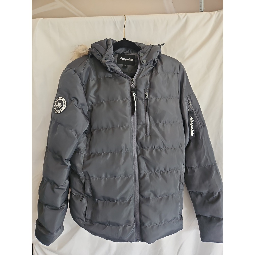 Aeropostale Puffer Jacket Women Small Gray Excellent Faux Fur Hood A87 Coat
